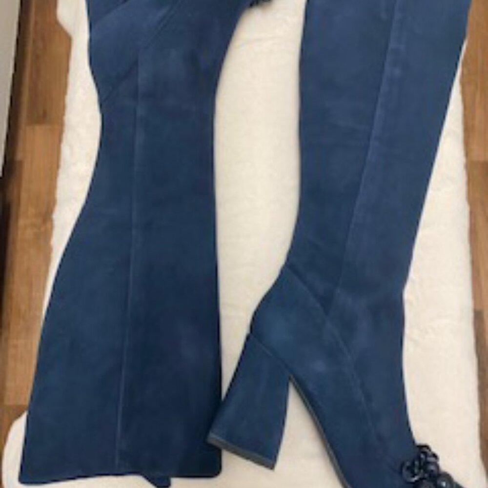 Tory Burch Addison 95 MM Boots Addison Suede Royal Navy Blue Size 10.5 Boot - Picture 2 of 6